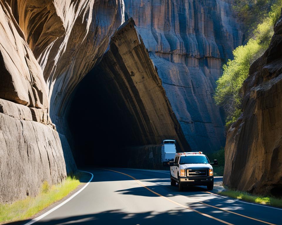 RV navigating through a narrow tunnel in a national park