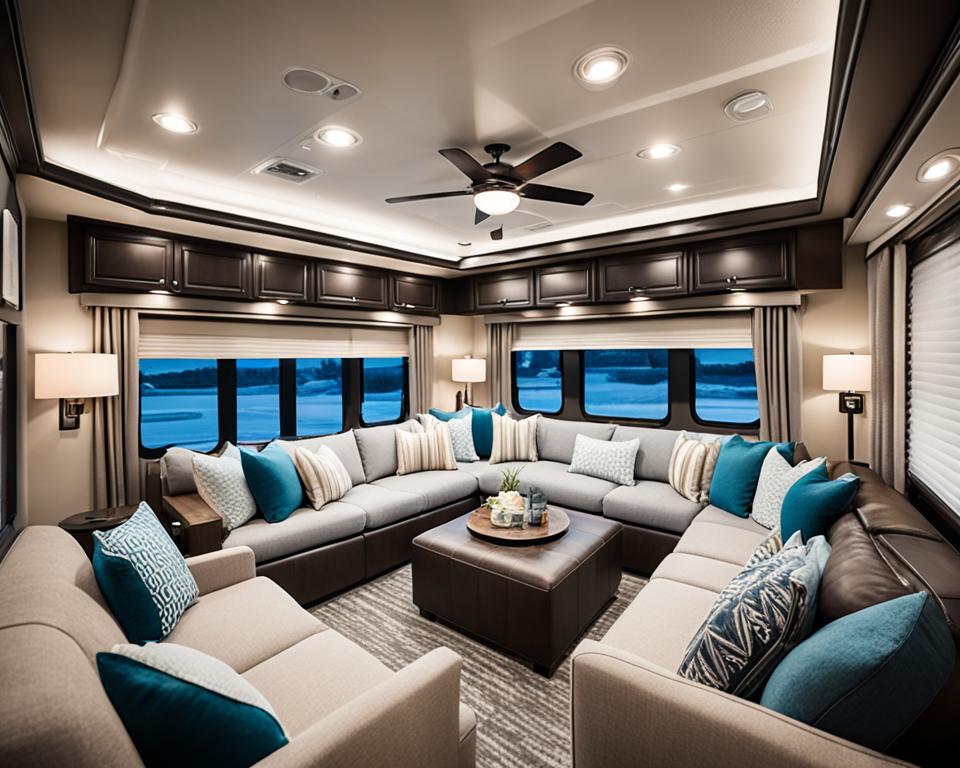 Spacious and comfortable living area in the Grand Design Transcend, perfect for family travels