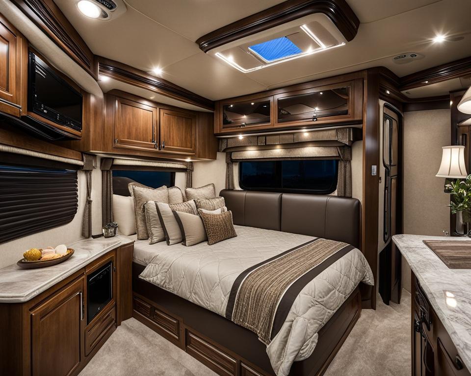 Thor Motor Coach Tuscany RV bedroom and bathroom